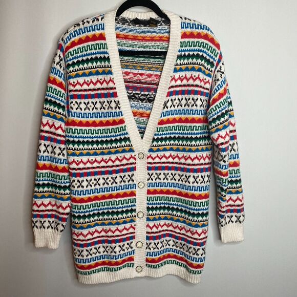 VTG LizSport Fair Isle 5 Button Cardigan Chunky Beaded Cottage Grandma Size SP - Picture 1 of 9
